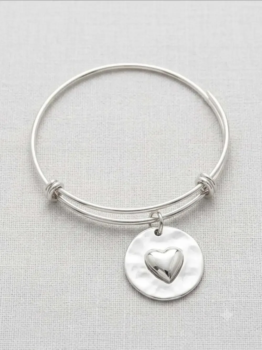Adjustable Silver-Tone Bangle Bracelet with Hammered Heart Charm
